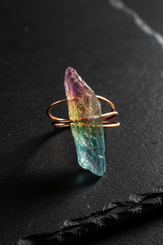 Rainbow Aura Quartz Crystal Ring Copper Wire Wrapped Statement Ring