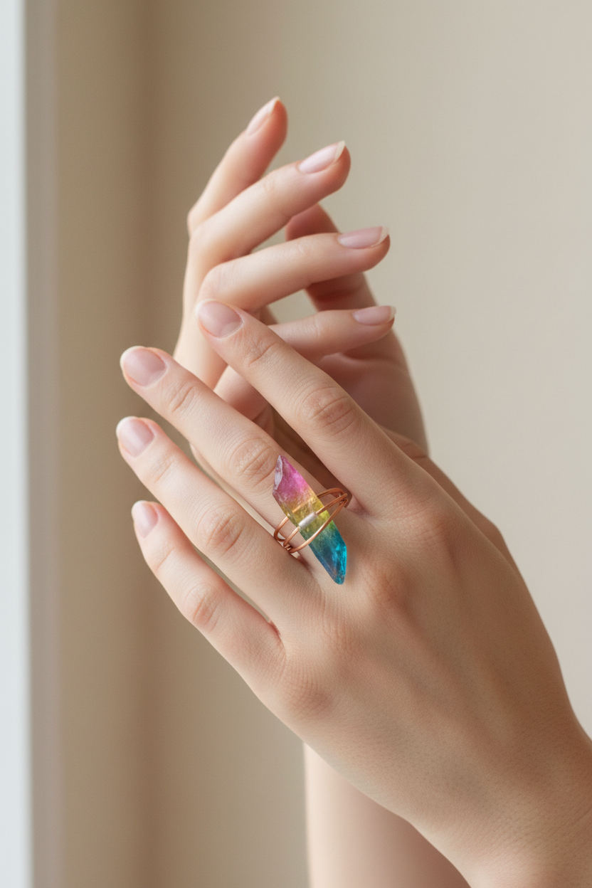 Rainbow Aura Quartz Crystal Ring Copper Wire Wrapped Statement Ring