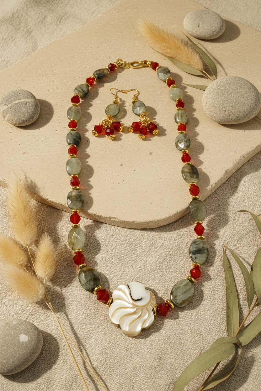 Autumn Harmony - Carnelian Eagle's Eye Hematite Seashell Copper 24K Gold Necklace Set - One of a Kind