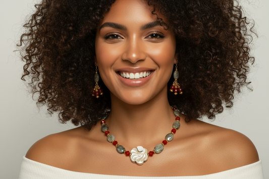 Autumn Harmony - Carnelian Eagle's Eye Hematite Seashell Copper 24K Gold Necklace Set - One of a Kind