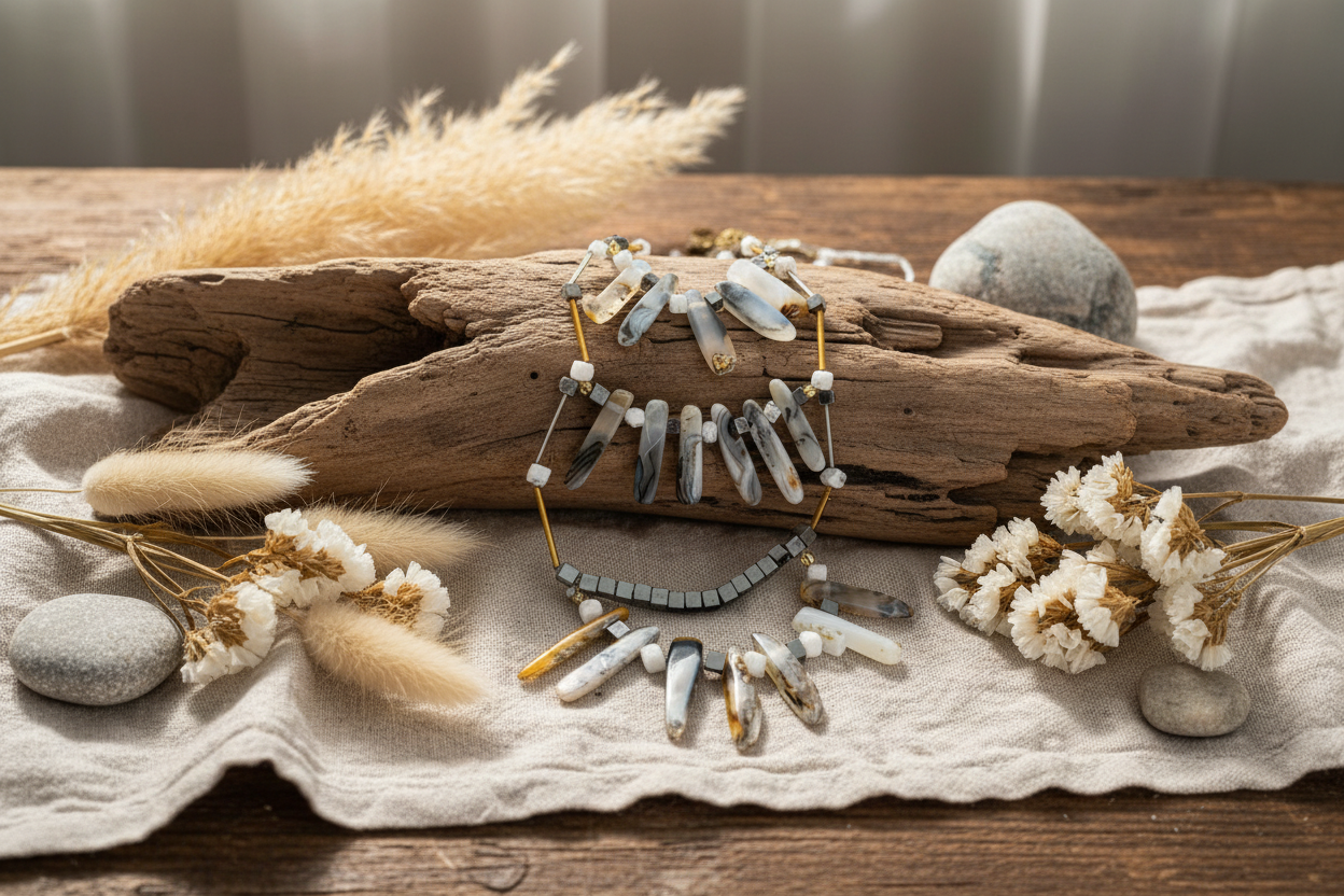 Botswana Agate Wood Howlite Hematite Necklace - 28-34 Inches