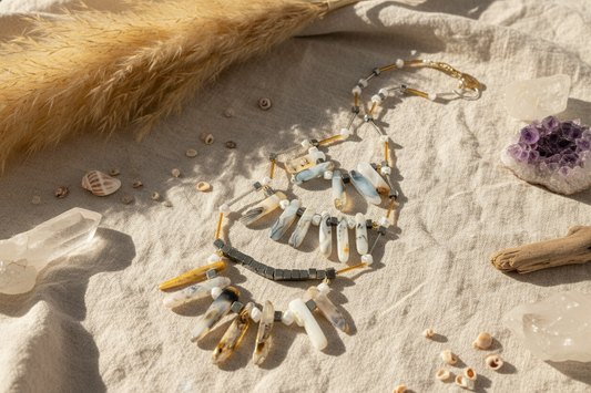 Botswana Agate Wood Howlite Hematite Necklace - 28-34 Inches