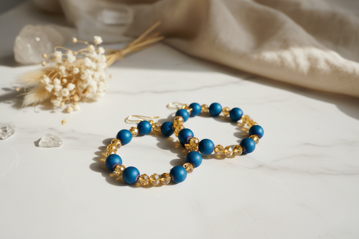 Blue & Yellow Quartz Earrings - Handcrafted Crystal Hoop Earrings