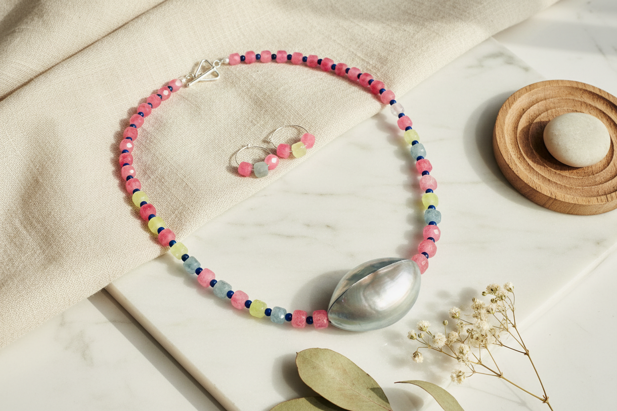 22 Inch Tourmaline Lapis Lazuli Seashell Necklace Earring Set - One of a Kind Paradise Collection Jewelry