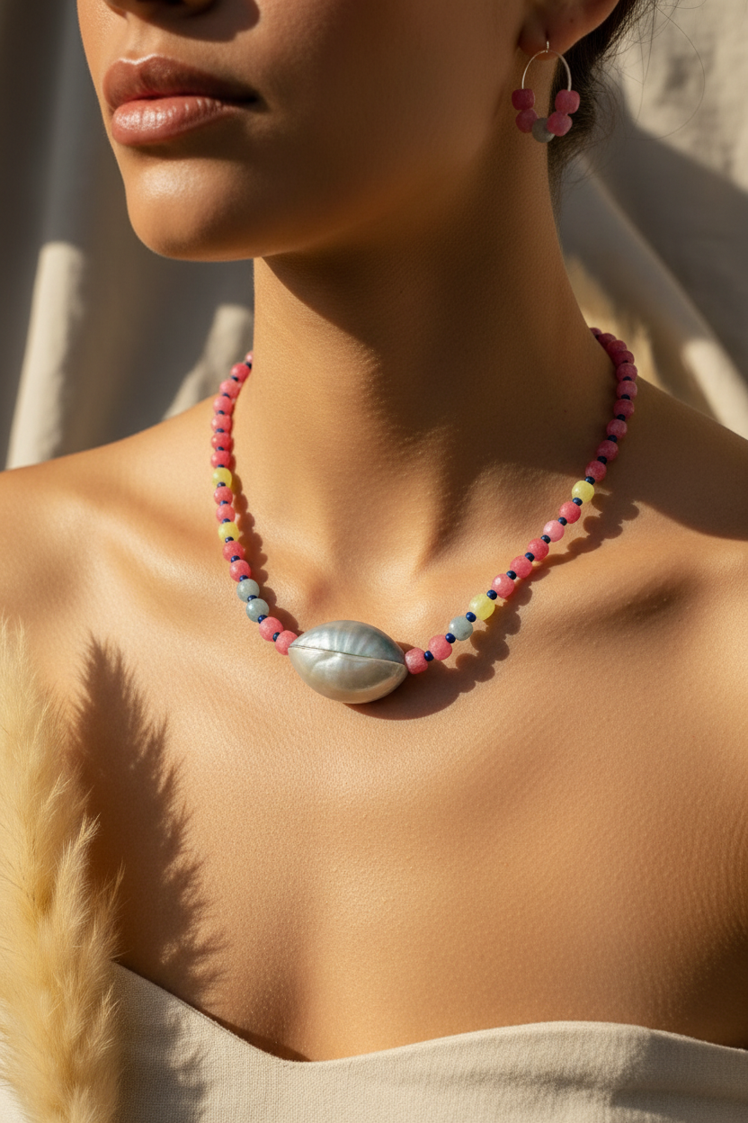 22 Inch Tourmaline Lapis Lazuli Seashell Necklace Earring Set - One of a Kind Paradise Collection Jewelry