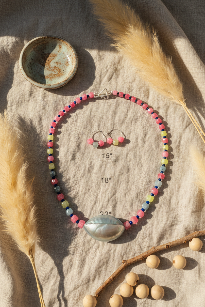 22 Inch Tourmaline Lapis Lazuli Seashell Necklace Earring Set - One of a Kind Paradise Collection Jewelry