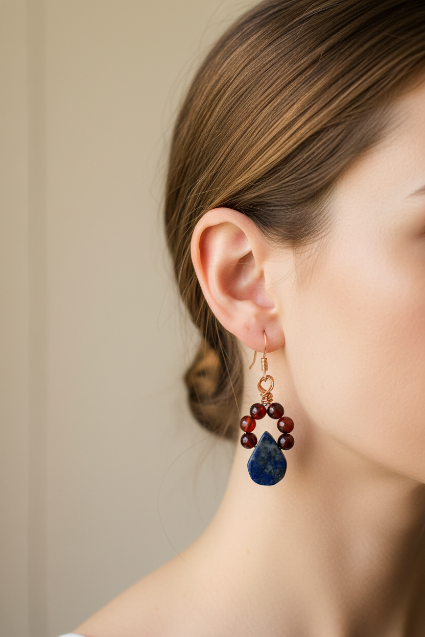 Lapis Lazuli & Orange Garnet Copper Wire Wrapped Earrings - One of a Kind Bohemian Gemstone Jewelry