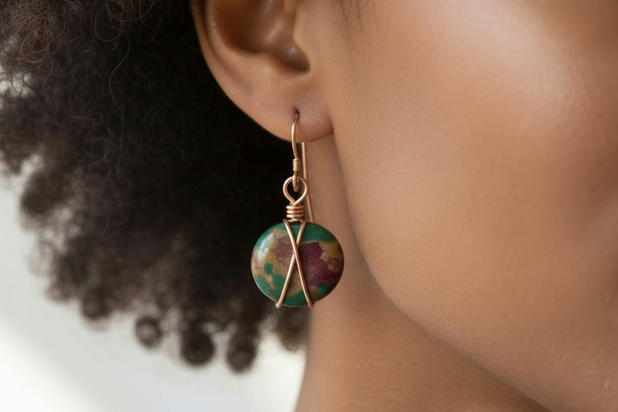 Agate Earrings - Copper Wire Wrapped Dangle Earrings