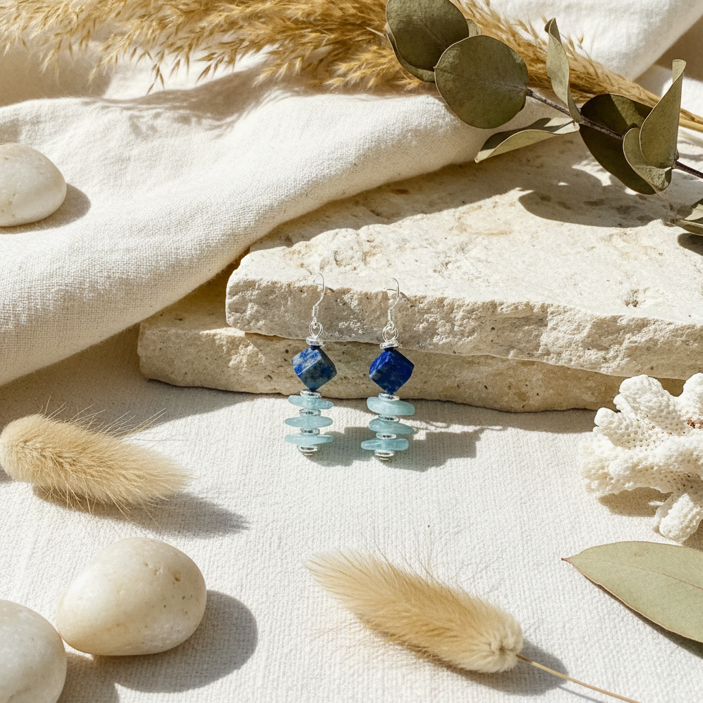 Aquamarine Lapis Sunstone Hematite Necklace & Earring Set - One of a Kind Paradise Collection