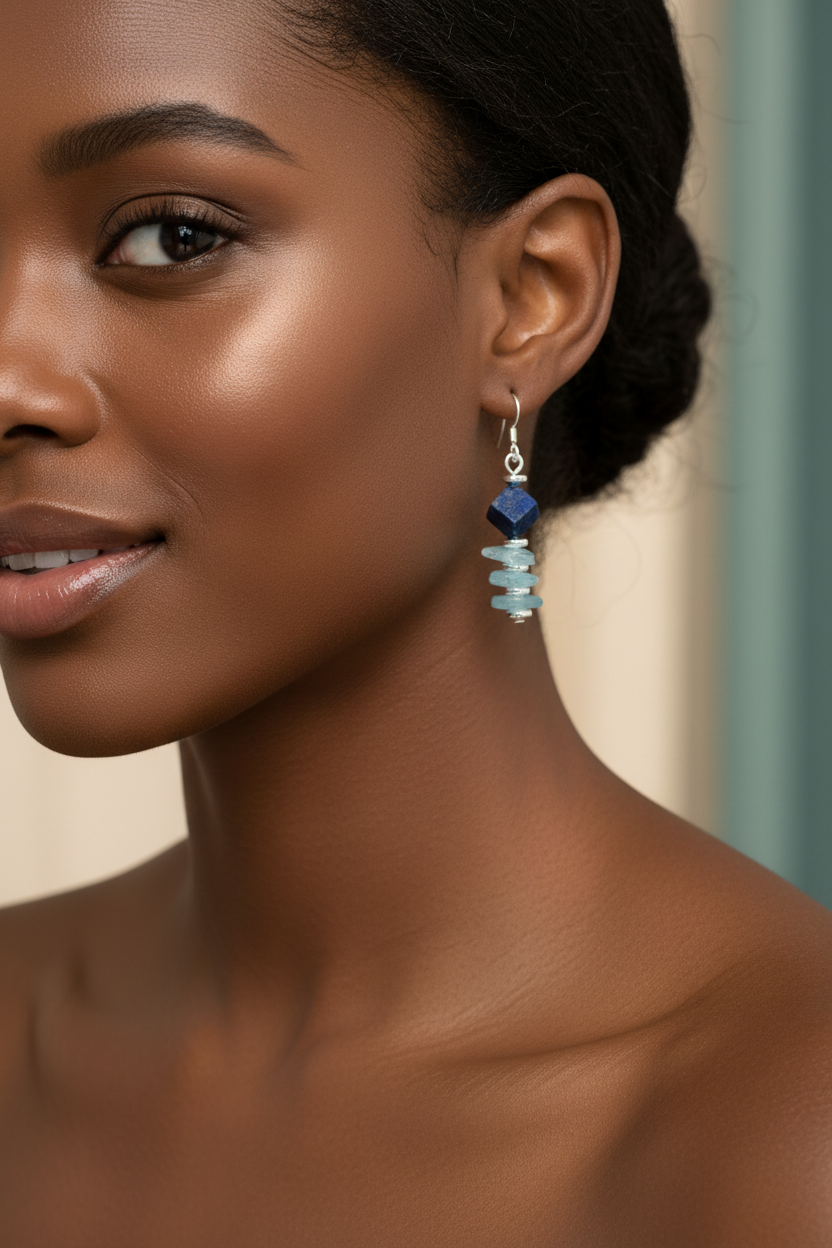 Aquamarine Lapis Sunstone Hematite Necklace & Earring Set - One of a Kind Paradise Collection