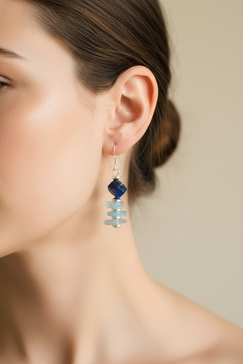 Aquamarine Lapis Sunstone Hematite Necklace & Earring Set - One of a Kind Paradise Collection