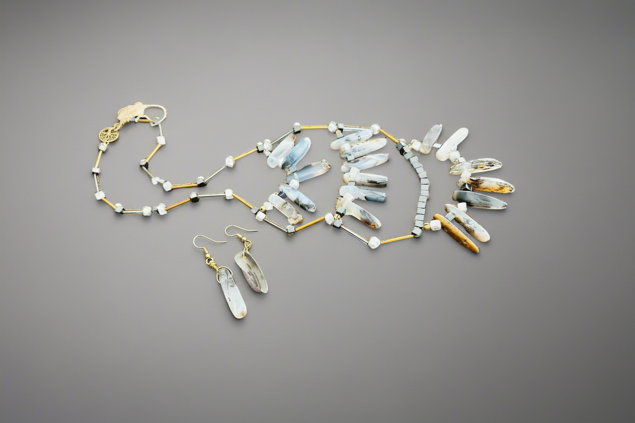 Botswana Agate Wood Howlite Hematite Necklace - 28-34 Inches