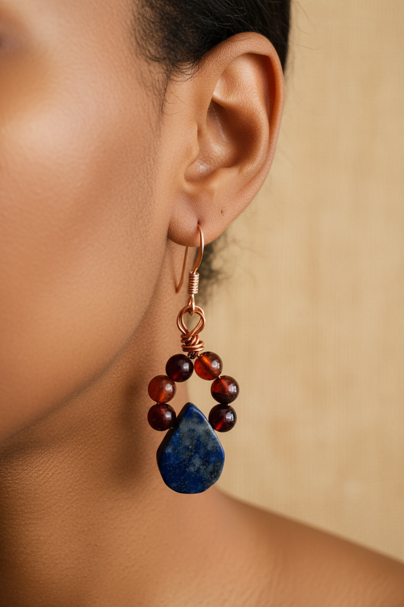 Lapis Lazuli & Orange Garnet Copper Wire Wrapped Earrings - One of a Kind Bohemian Gemstone Jewelry
