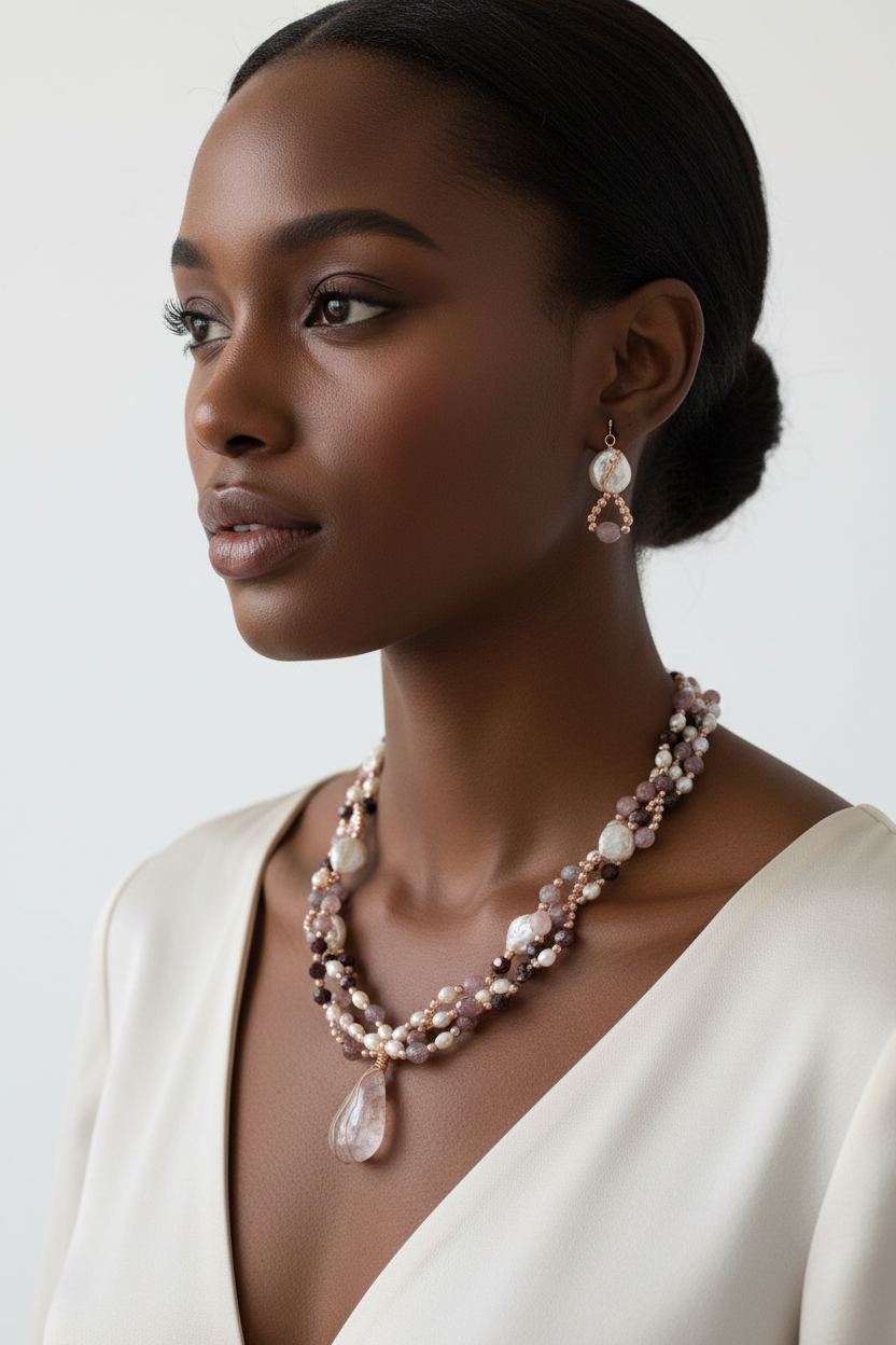 Pearl Garnet Strawberry Quartz Hematite Necklace - One-of-a-Kind Paradise Collection