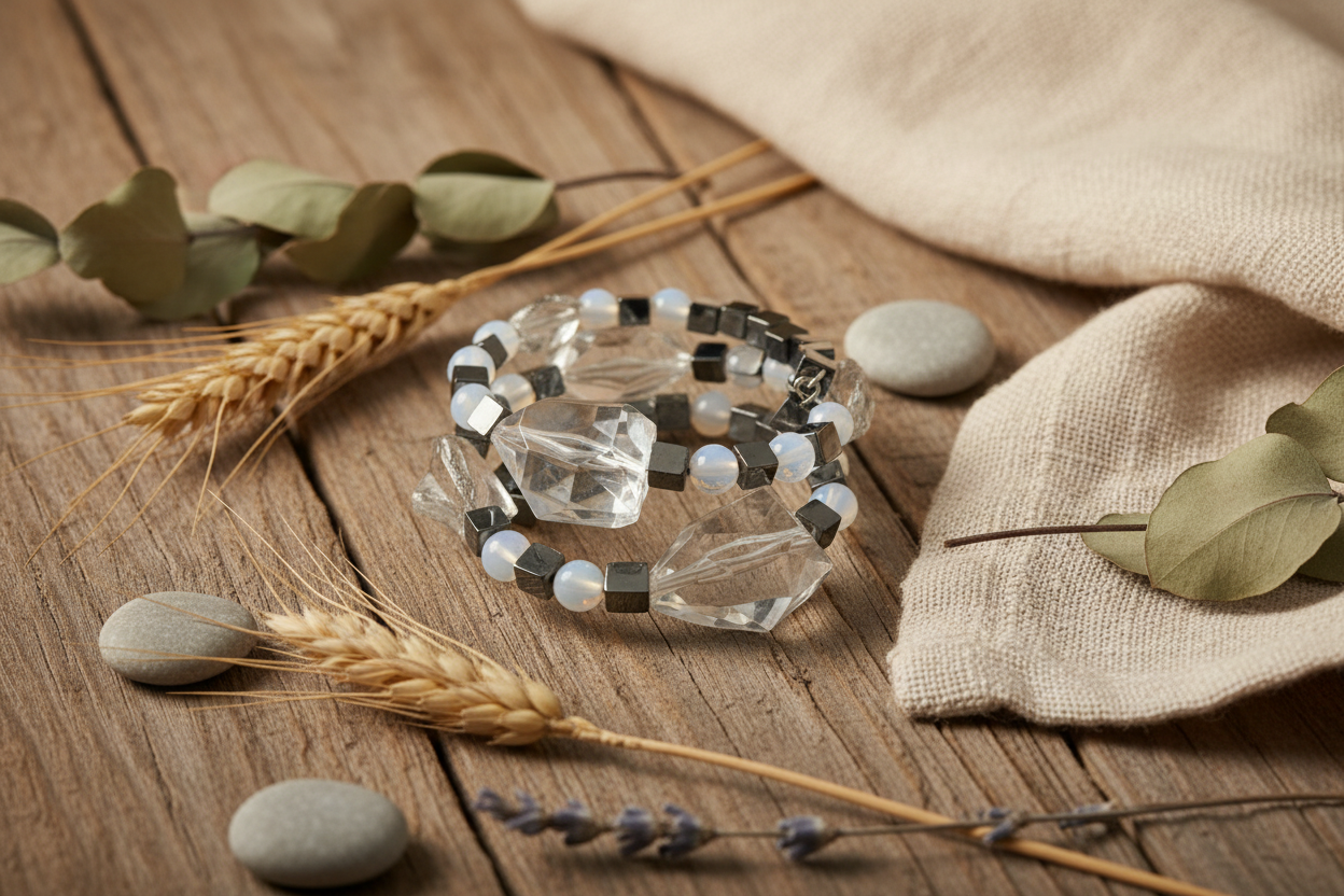 Hematite Opalite Mother of Pearl Bangle - Memory Wire Bracelet