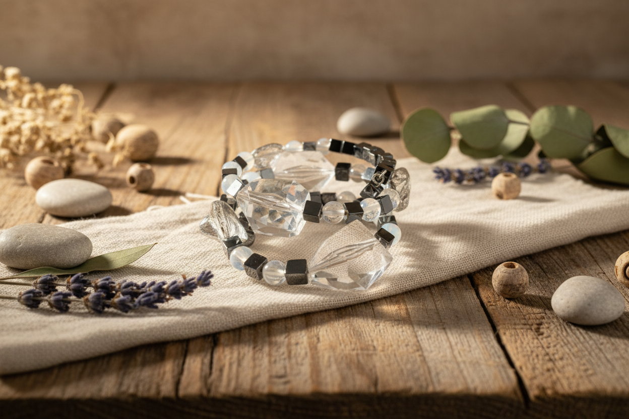 Hematite Opalite Mother of Pearl Bangle - Memory Wire Bracelet