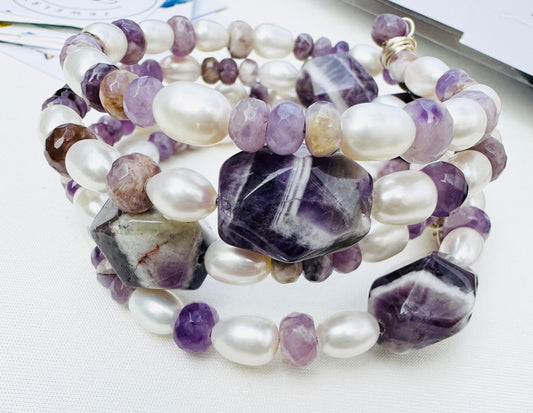 Amethyst Pearl Wrap Bracelet - One of a Kind Bangle