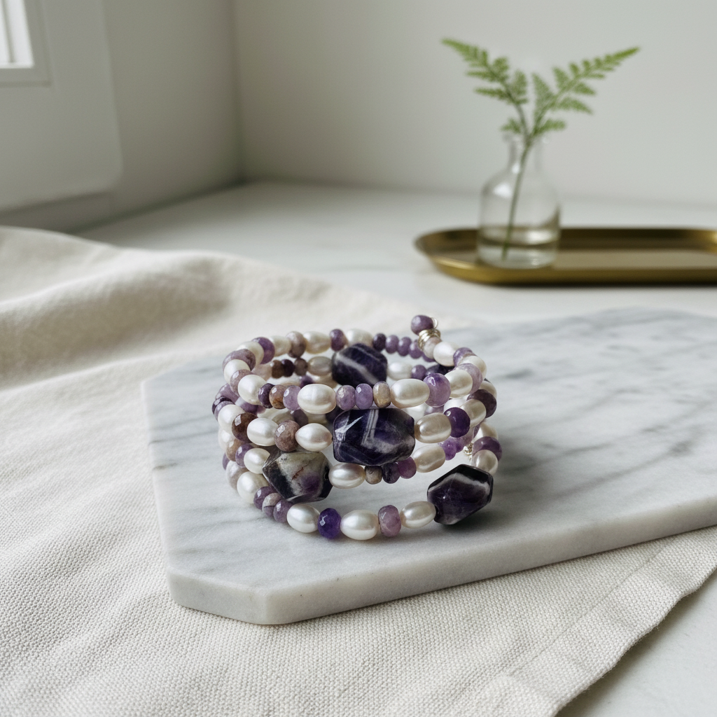 Amethyst Pearl Wrap Bracelet - One of a Kind Bangle