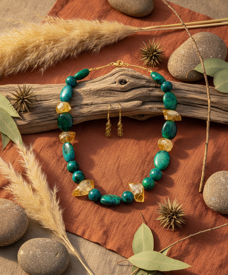 Chrysocolla & Yellow Quartz Necklace Set - One of a Kind