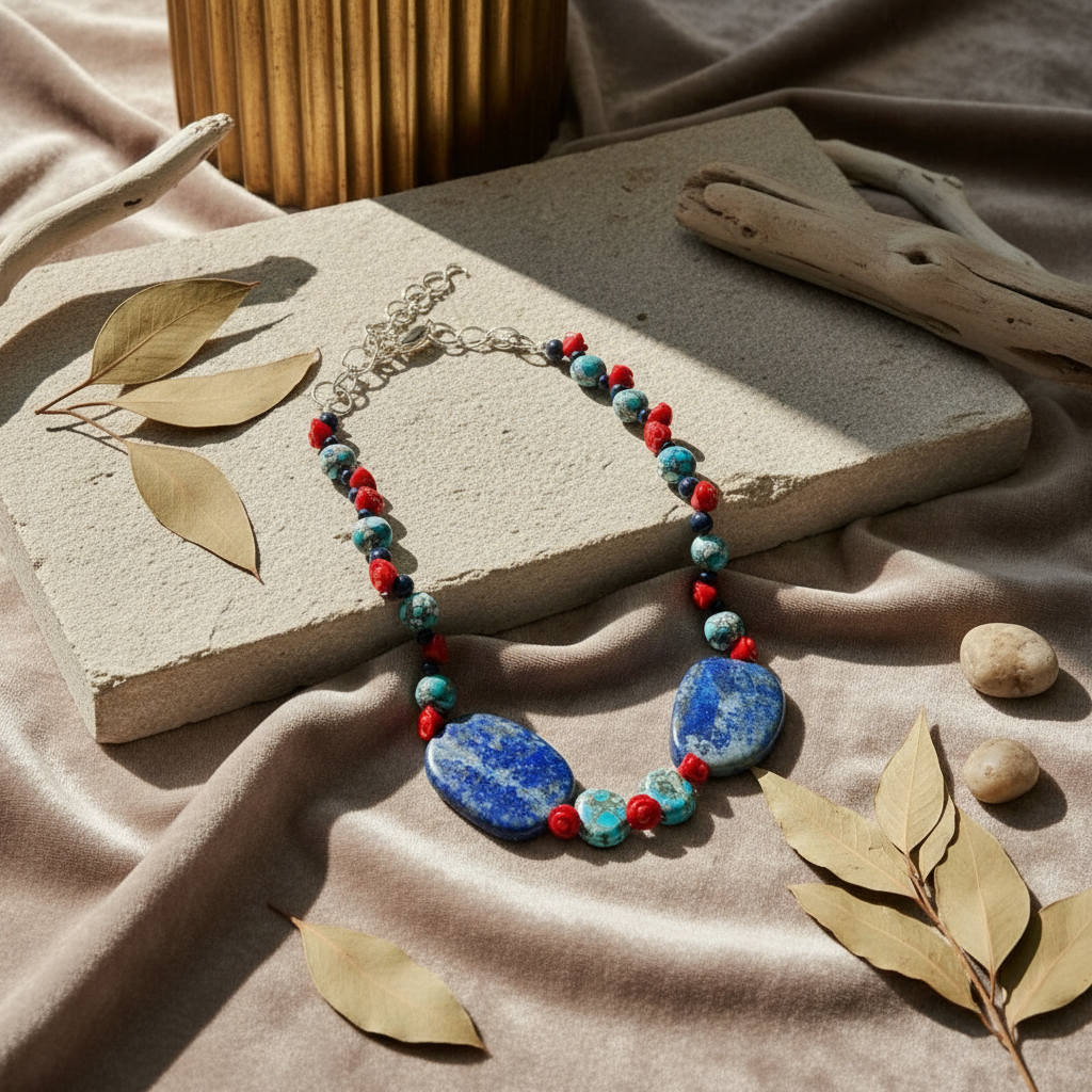 Coral Turquoise Lapis Lazuli Necklace - Sterling Silver Adjustable