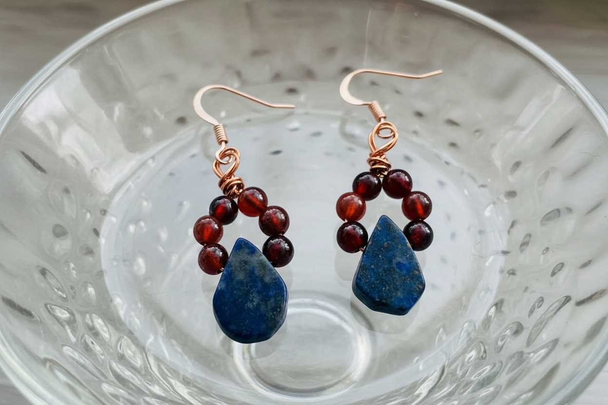 Lapis Lazuli & Orange Garnet Copper Wire Wrapped Earrings - One of a Kind Bohemian Gemstone Jewelry
