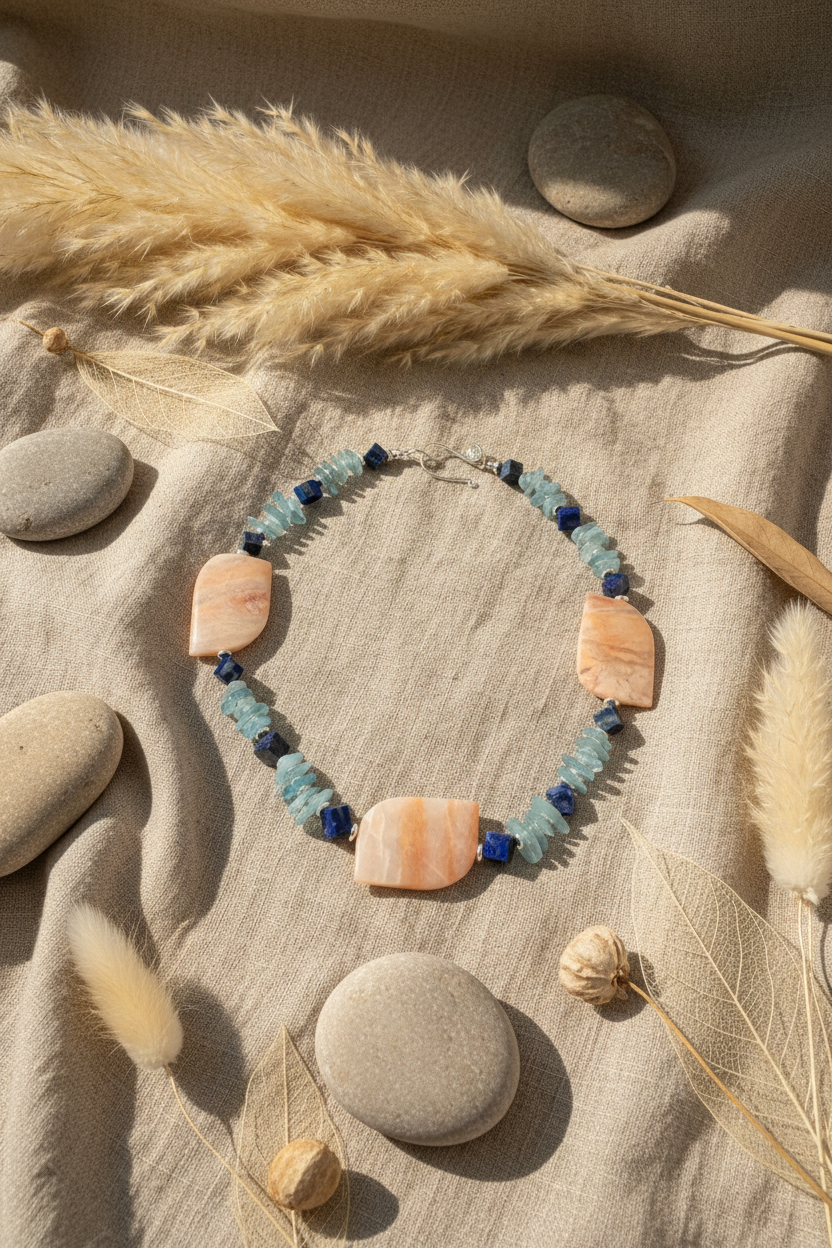 Aquamarine Lapis Sunstone Hematite Necklace & Earring Set - One of a Kind Paradise Collection