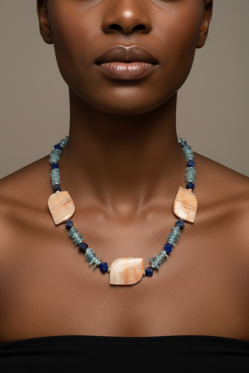 Aquamarine Lapis Sunstone Hematite Necklace & Earring Set - One of a Kind Paradise Collection