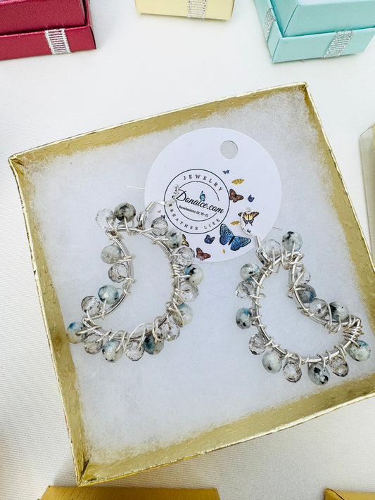 Dalmatian Jasper Moon Earrings - Wire Wrapped Hypoallergenic One of a Kind