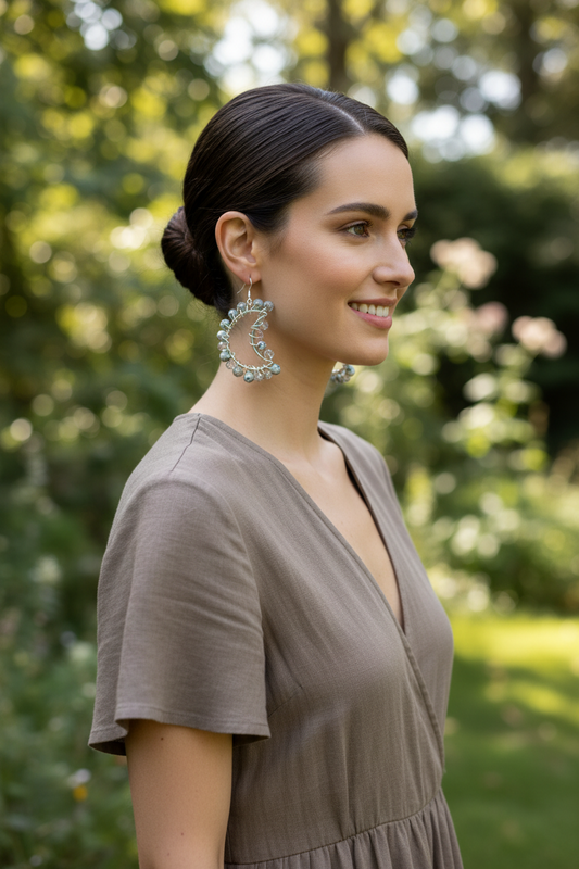 Dalmatian Jasper Moon Earrings - Wire Wrapped Hypoallergenic One of a Kind