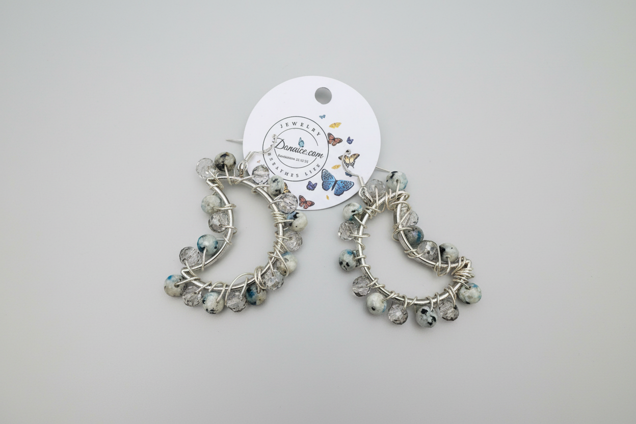 Dalmatian Jasper Moon Earrings - Wire Wrapped Hypoallergenic One of a Kind