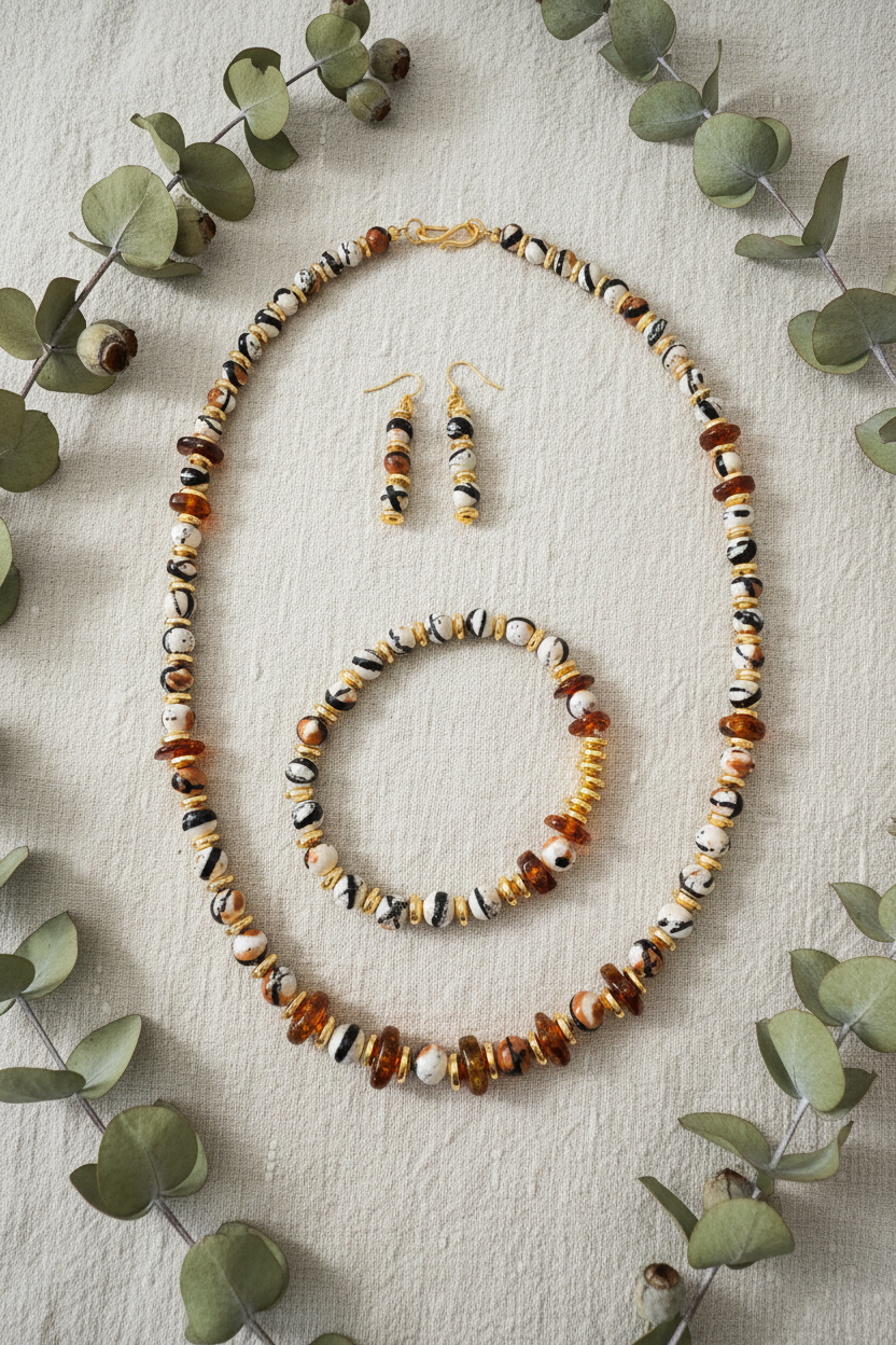 Tibetan-dzi-agate-cognac-amber-necklace-set