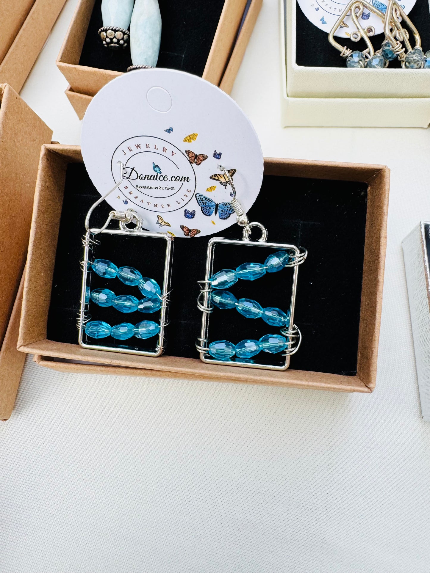 Wire Wrapped Aqua Blue Crystal Earrings - Hypoallergenic Rectangle Dangles