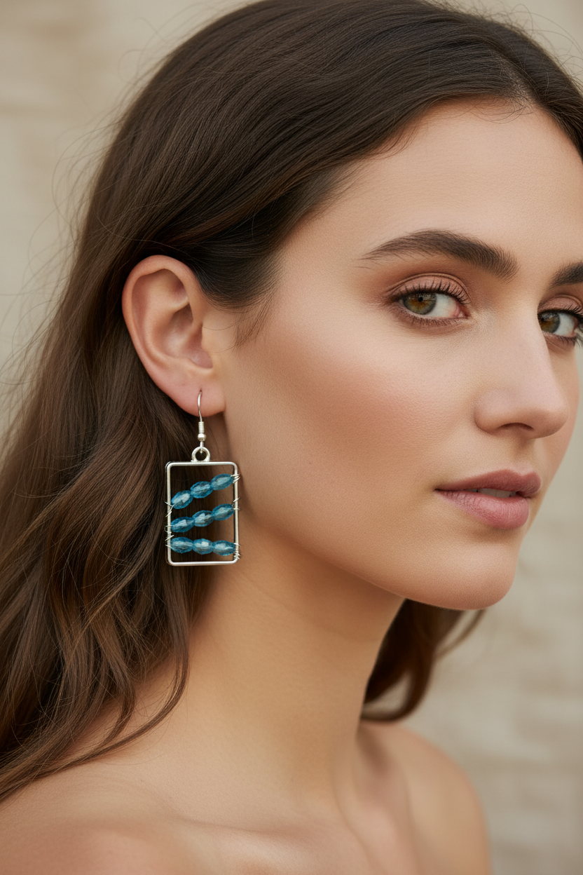 Wire Wrapped Aqua Blue Crystal Earrings - Hypoallergenic Rectangle Dangles