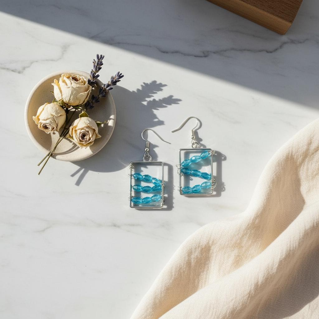 Wire Wrapped Aqua Blue Crystal Earrings - Hypoallergenic Rectangle Dangles