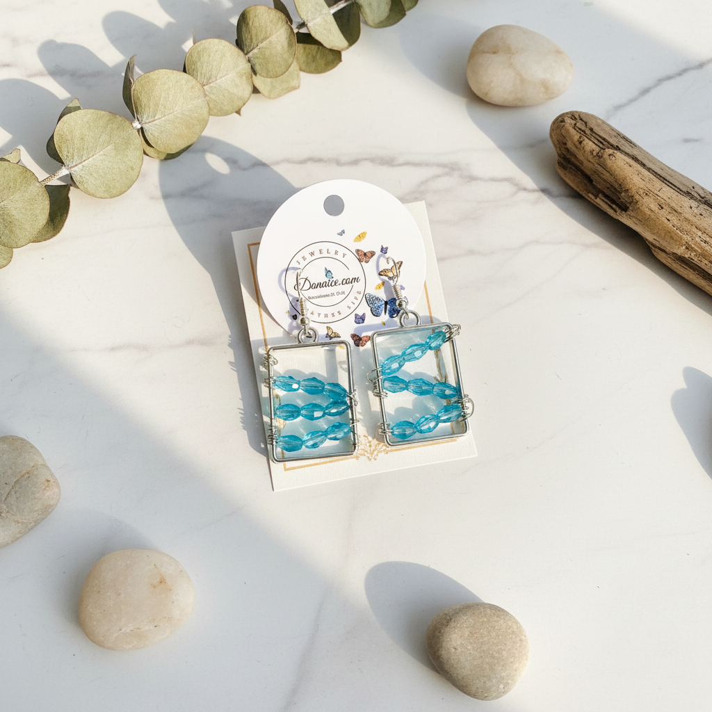 Wire Wrapped Aqua Blue Crystal Earrings - Hypoallergenic Rectangle Dangles