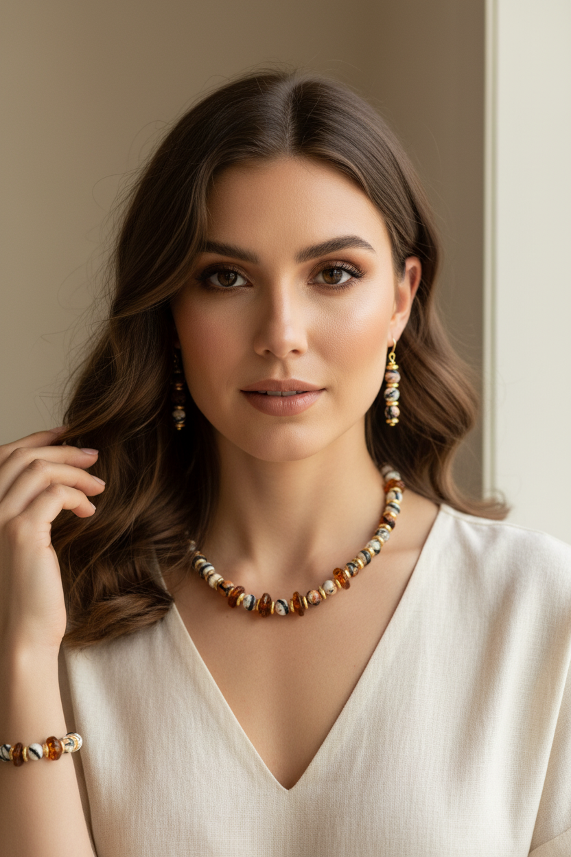 Tibetan-dzi-agate-cognac-amber-necklace-set