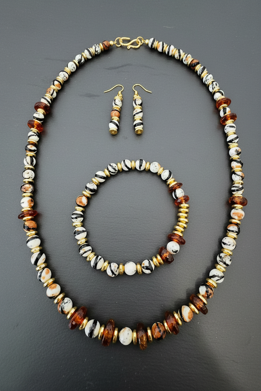 Tibetan-dzi-agate-cognac-amber-necklace-set