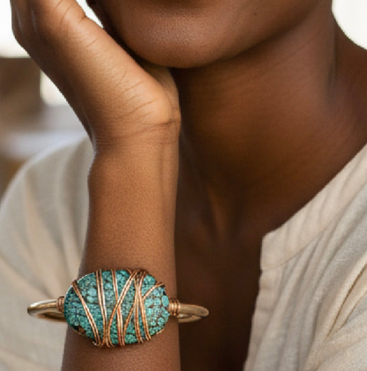 Turquoise Bracelet - Gold Plated Stainless Steel Wire Wrapped