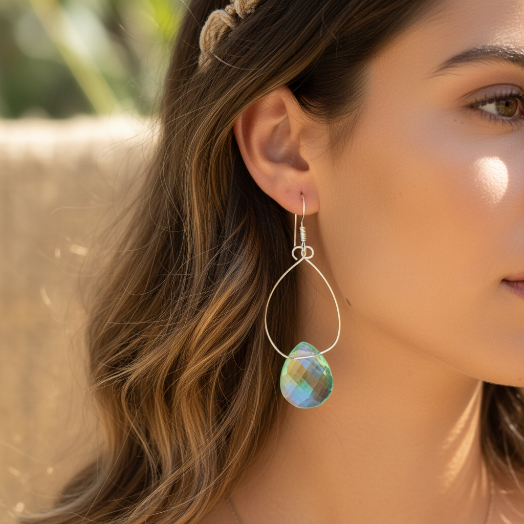 Aqua Blue Crystal Hoop Earrings - Hypoallergenic Sterling Silver