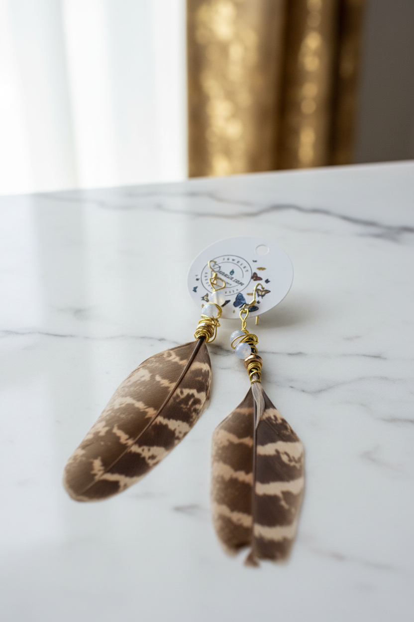 Opalite Feather Earrings 14K Gold Plated - Lightweight Bohemian Jewelry