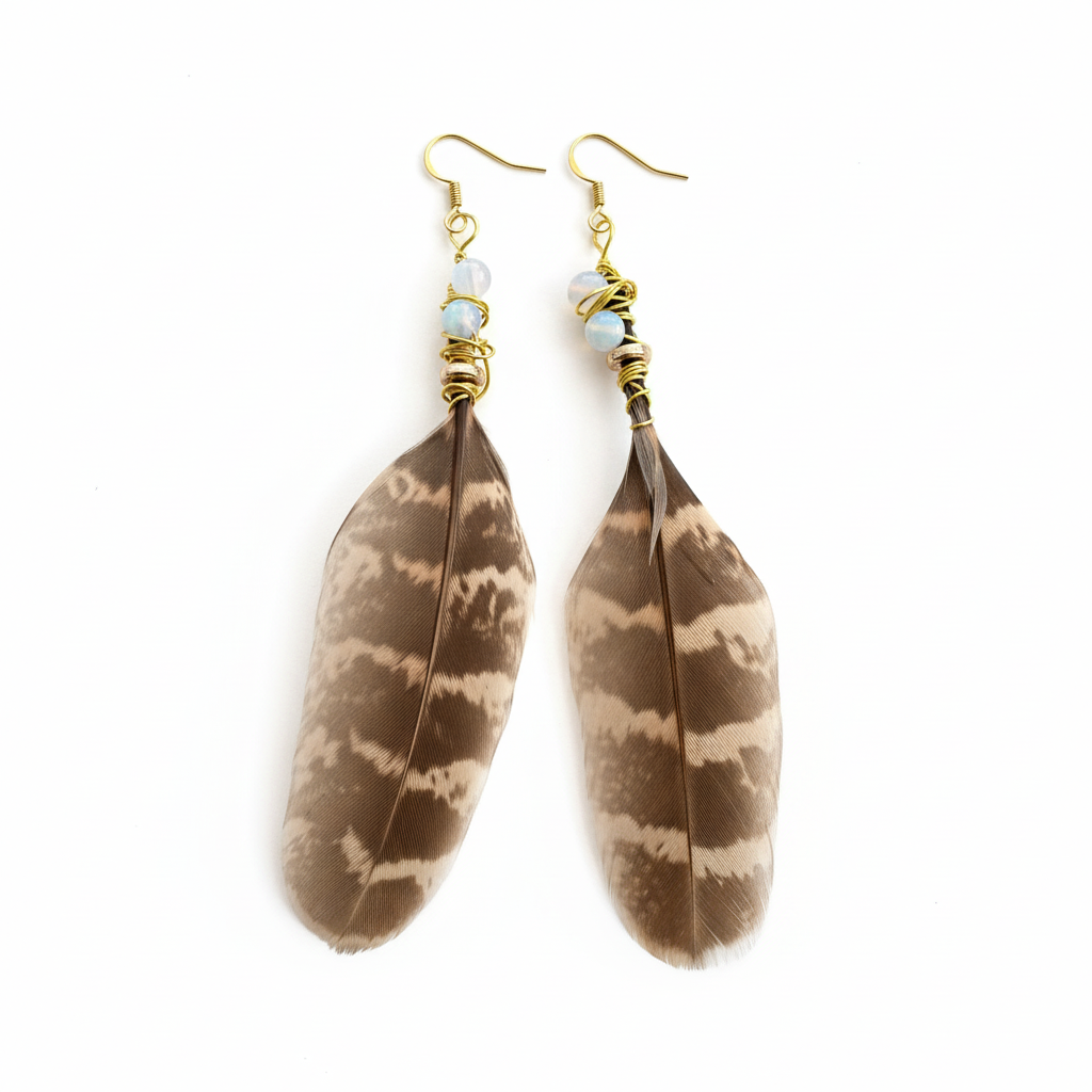 Opalite Feather Earrings 14K Gold Plated - Lightweight Bohemian Jewelry