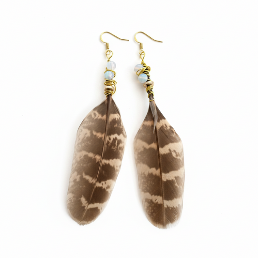 Opalite Feather Earrings 14K Gold Plated - Lightweight Bohemian Jewelry