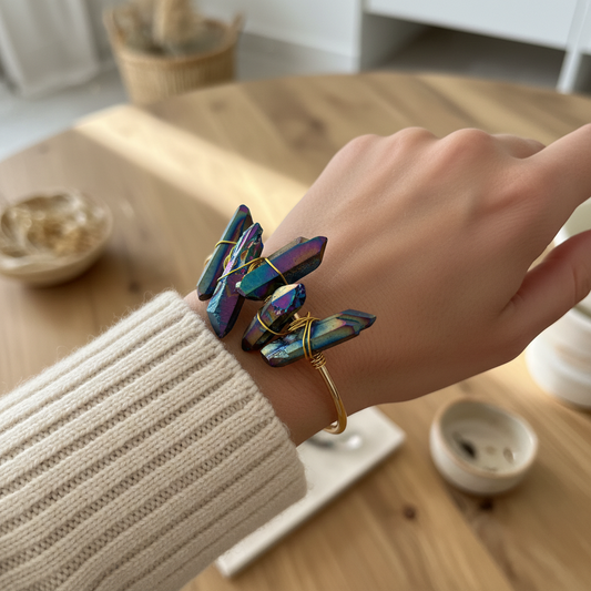 Quartz Crystal Gold Hammered Bracelet - Gold Plated Copper Bangle