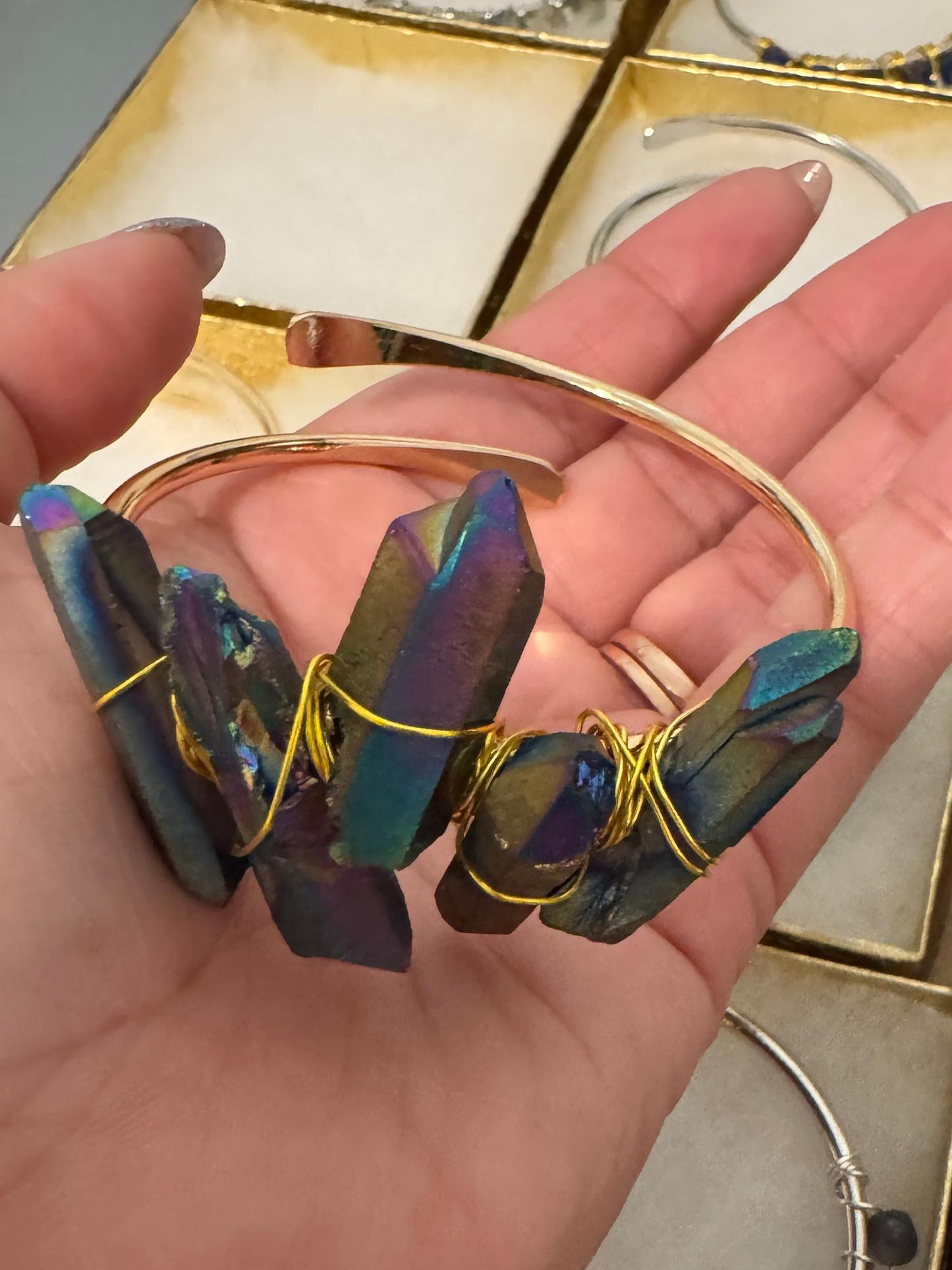 Quartz Crystal Gold Hammered Bracelet - Gold Plated Copper Bangle