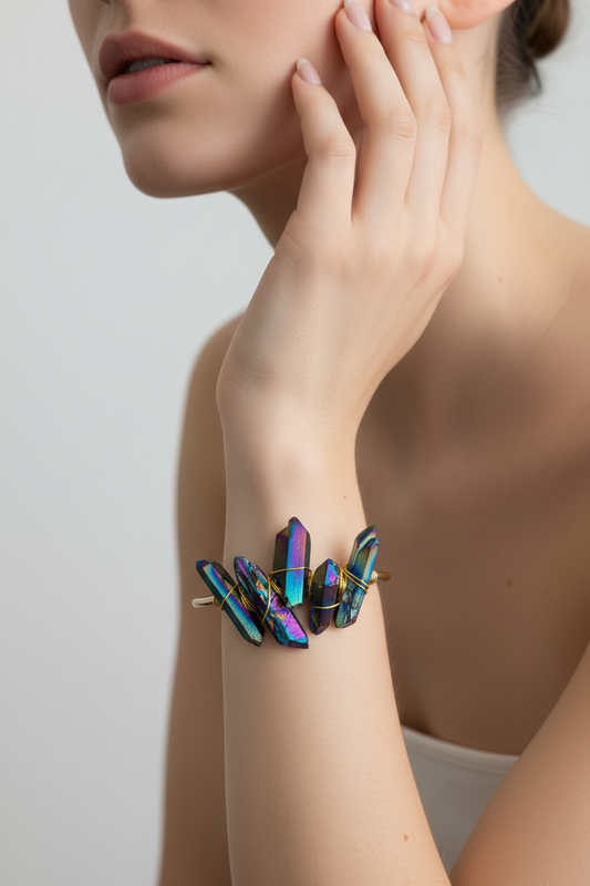 Quartz Crystal Gold Hammered Bracelet - Gold Plated Copper Bangle