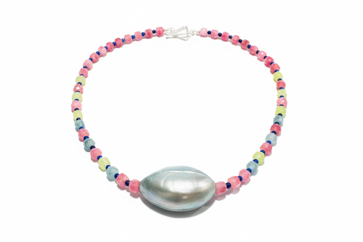 22 Inch Tourmaline Lapis Lazuli Seashell Necklace Earring Set - One of a Kind Paradise Collection Jewelry