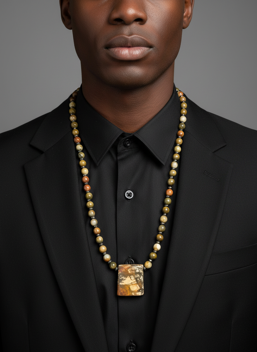 Picture Jasper Agate Hematite Necklace - 24K Gold Fill Clasp