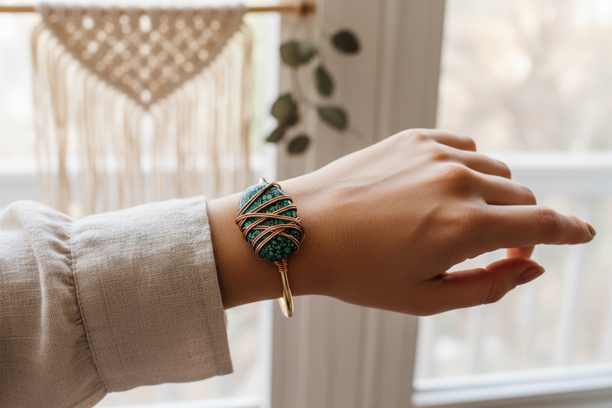 Turquoise Bracelet - Gold Plated Stainless Steel Wire Wrapped