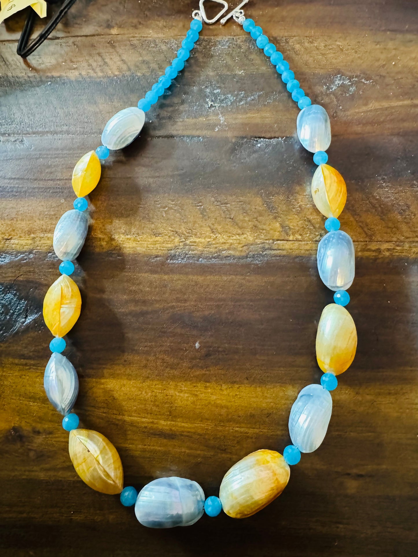 Aquamarine Seashell Wire-Wrapped Necklace - Natural Ocean Stone Bohemian Jewelry