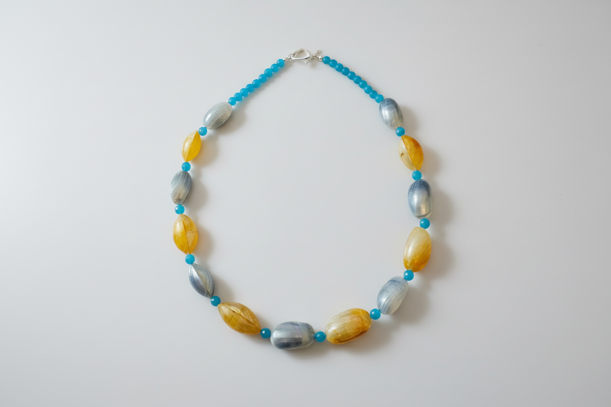 Aquamarine Seashell Wire-Wrapped Necklace - Natural Ocean Stone Bohemian Jewelry